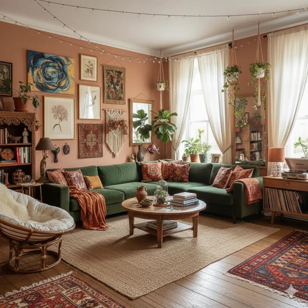 A furnished interior of collected antiques, textiles and art